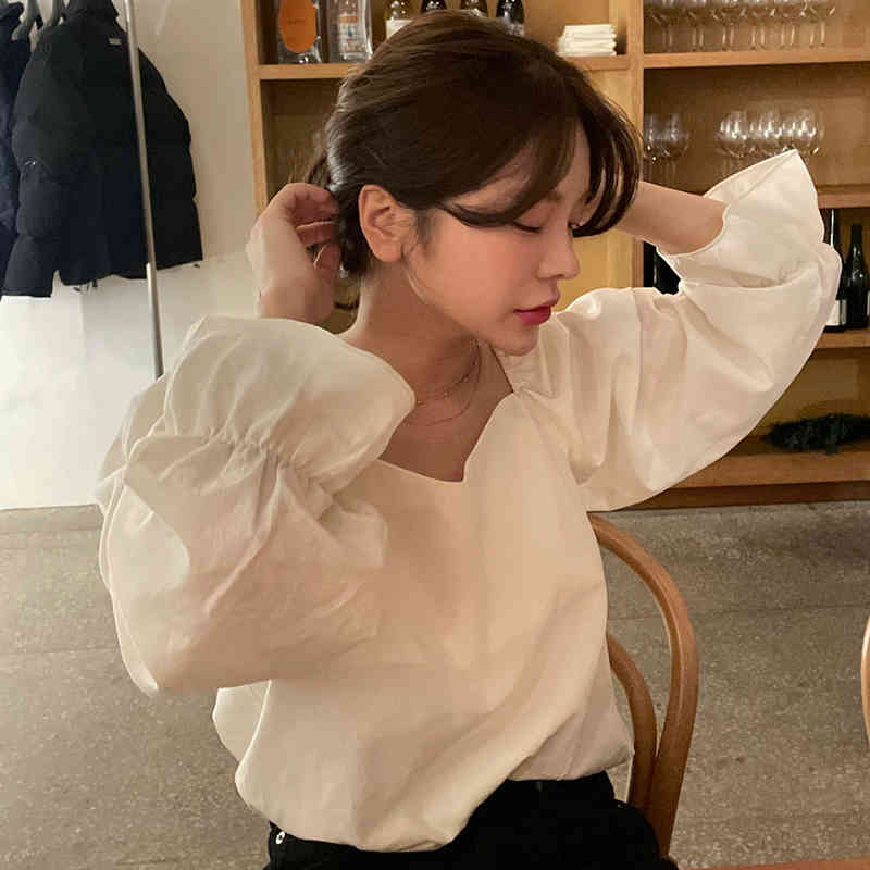 Nomikuma Square Collar Korean Causal Women Top Blouse Solid Puff Long Sleeve Blusas Femme Pullover Shirt New Arrival 6D774 210427