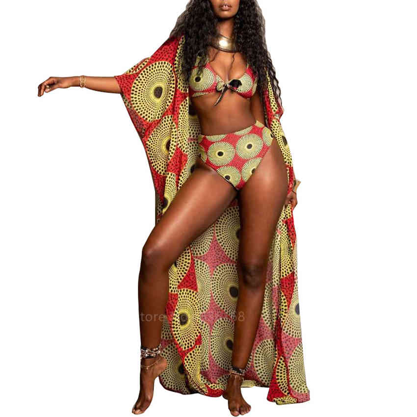 Fashion African Clothes Women Dahsiki Summer 3Pcs Bikini Suit Robe Africaine African Dresses Ethnic Ladies Swimsuit Clothing 210408
