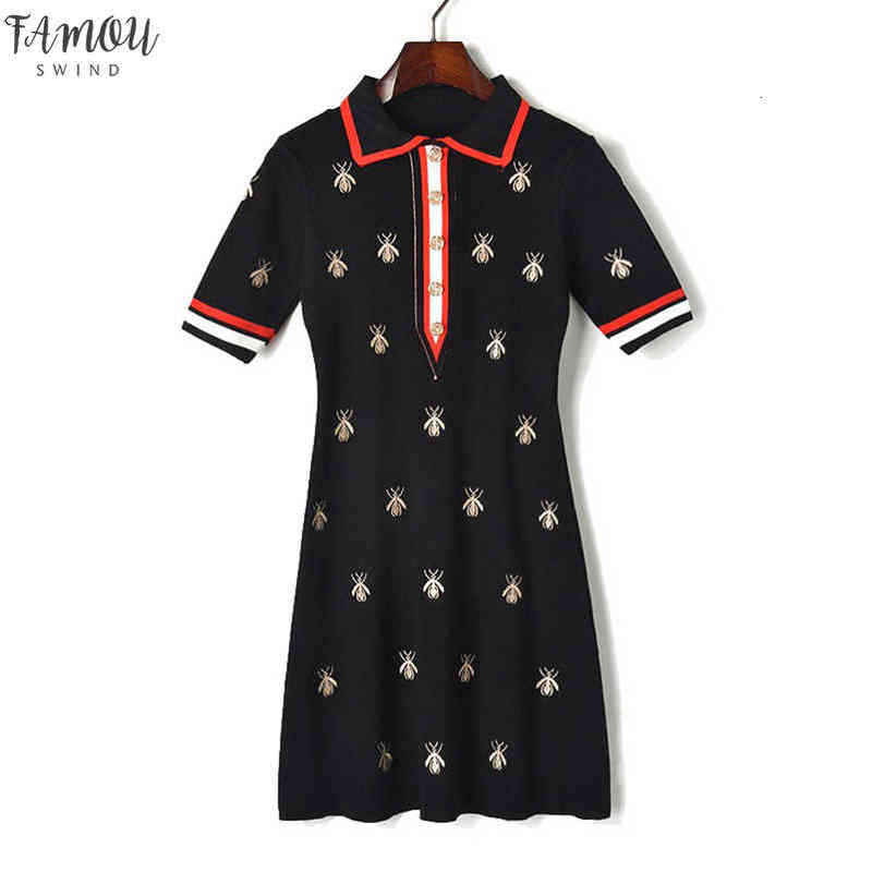 Fashion Designer Dresses Women Contrast Turn Down Collar Bees Knitted Button Short Sleeve Runway Embroidery Dress, Black
Fashion Designer Dresses Women Contrast Turn Down Collar Bees Knitted Button Short Sleeve Runway Embroidery Dress, Black