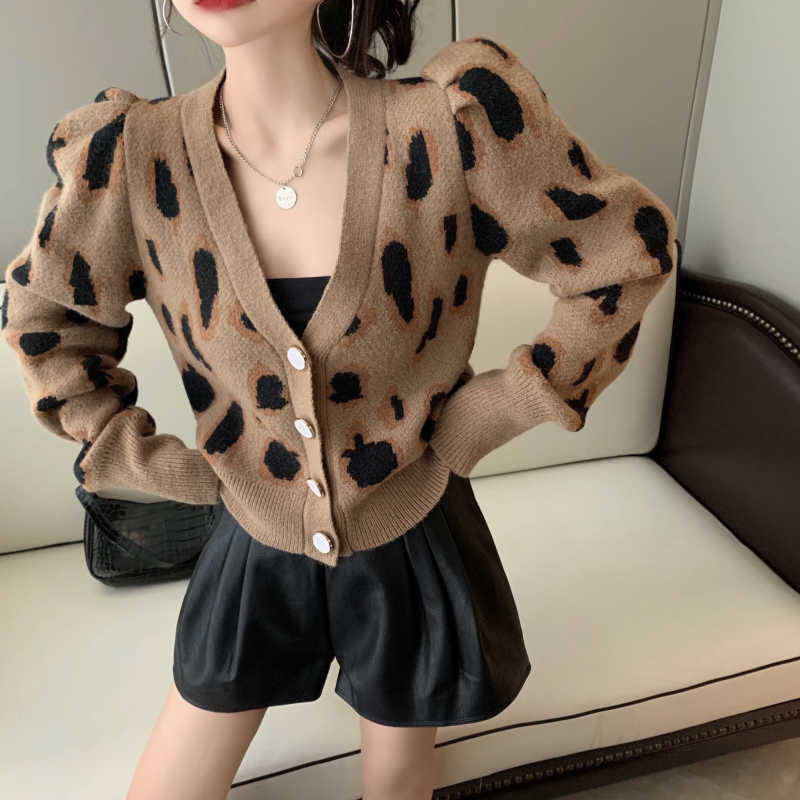 Nomikuma Vintage Leopard Knitted Cardigan Coat Causal Puff Long Sleeve V-neck Sweater Women Knitwear Jacket 6D728 211011Z