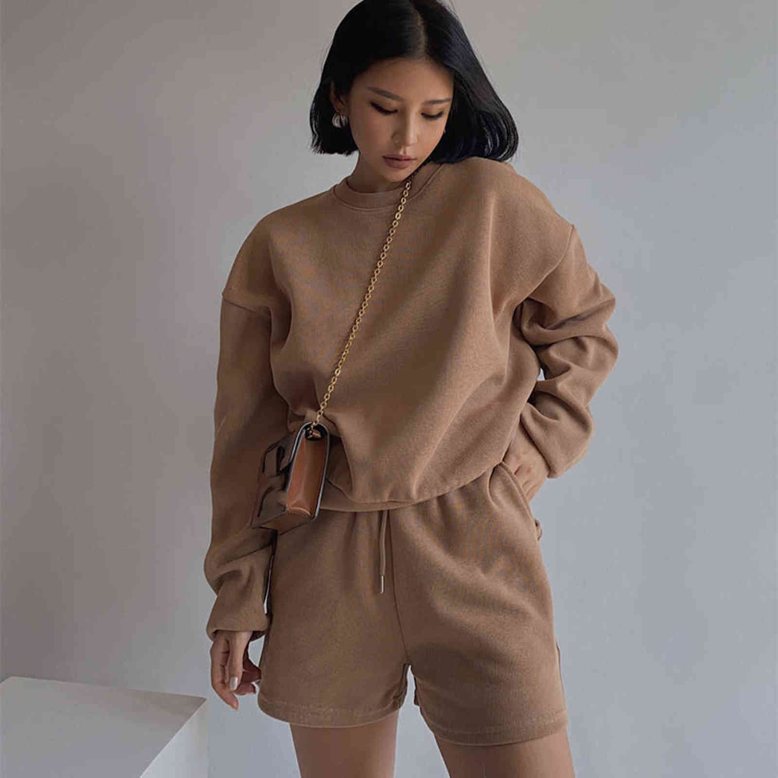 Women High Quality Hoodies Tracksuits 2 Piece Set Summer Autumn Sweatshirt + Sporting Shorts Outfit Solid Pants Suit 211105