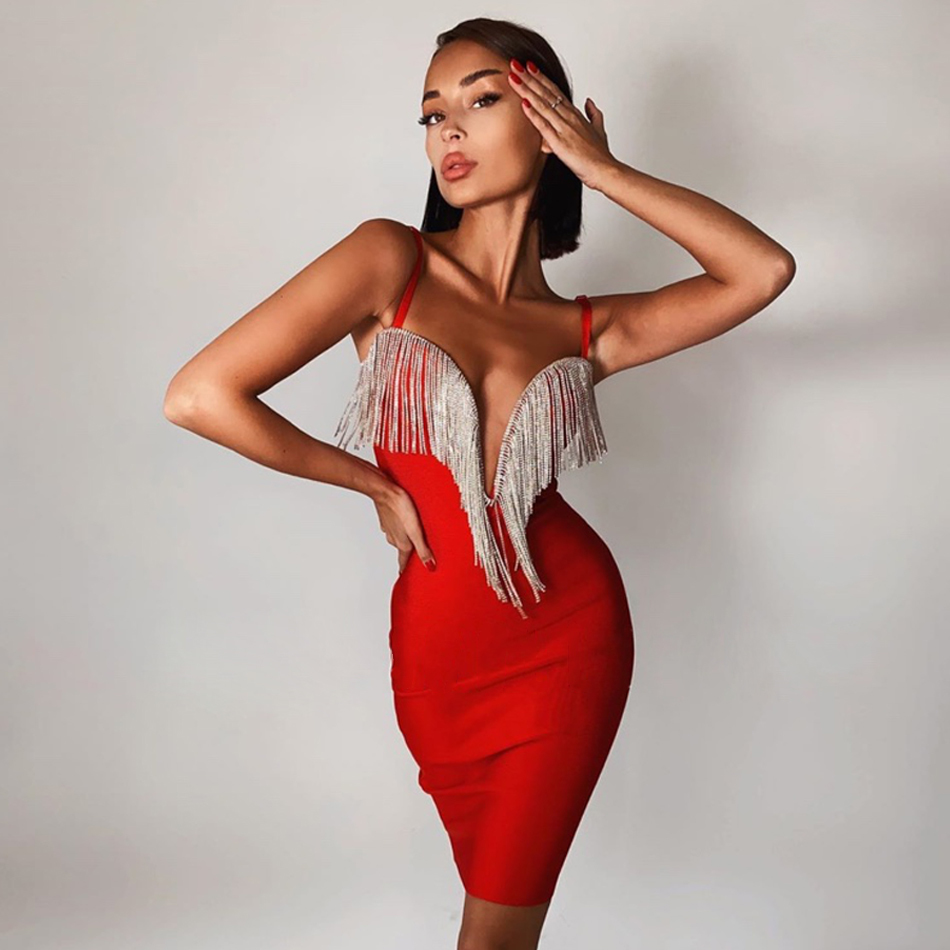 Summer Tassels Spaghetti Strap Bodycon Club Bandage Dress Sexy Sleeveless Celebrity Evening Runway Party Dresses 210423
