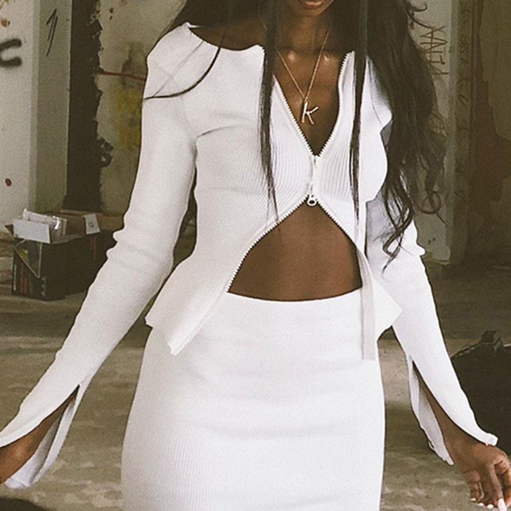 Sexy Women Double Zippers Sweaters Jacket Elegant Solid Knitted Cardigans Cropped Tops Slim Fit Coat Outwear 210428
