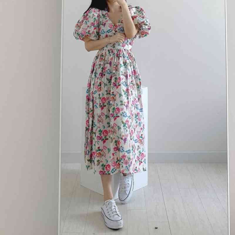 Nomikuma Korean Floral Dresses for Women Elegant Bandage Slim Waist Dress Puff Short Sleeve V-neck A-line Vestidos Femme 6H450 210427
