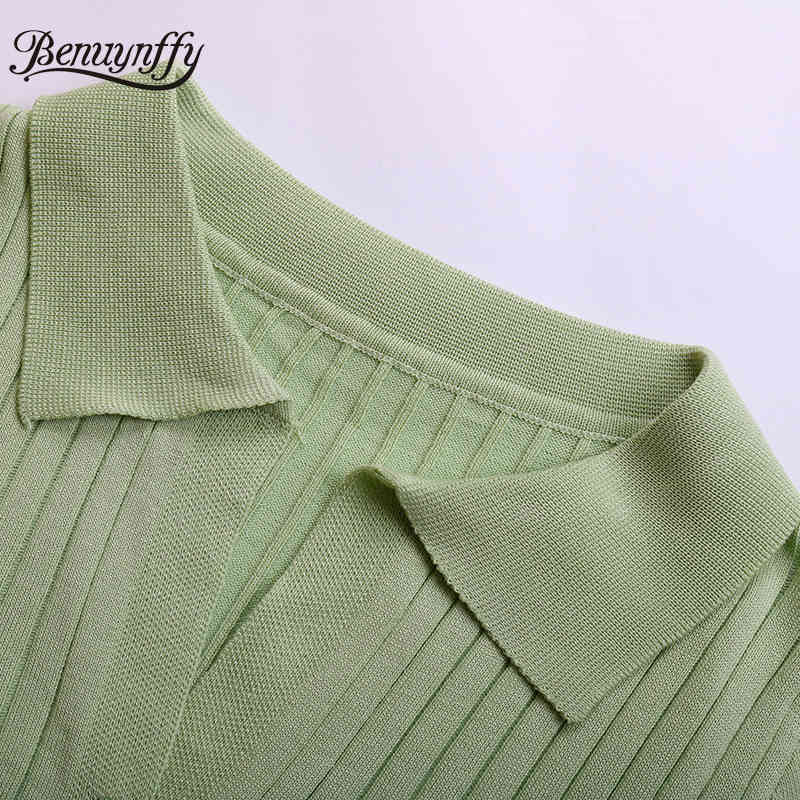 Turn-down Collar Button Up Solid Knit Crop Top Women Summer Short Sleeve Casual Streetwear Slim Fit T-Shirt Female 210510