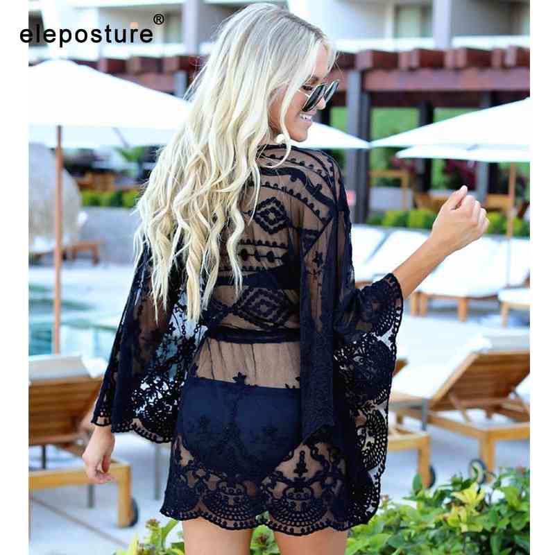 Sexy Mesh Beach Cover Up Lace Dress Women Bikini Swimsuit Cover-Up Long Sleeve Tunics Bathing Suits Cover-Ups 210521
