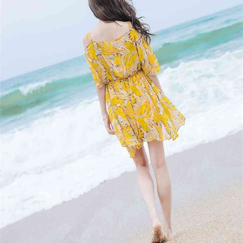 Spring Summer Holiday Chiffon Women Dress Sweet Casual Loose Strapless Strap Floral Beach Female Short Dresses 0067 30 210506