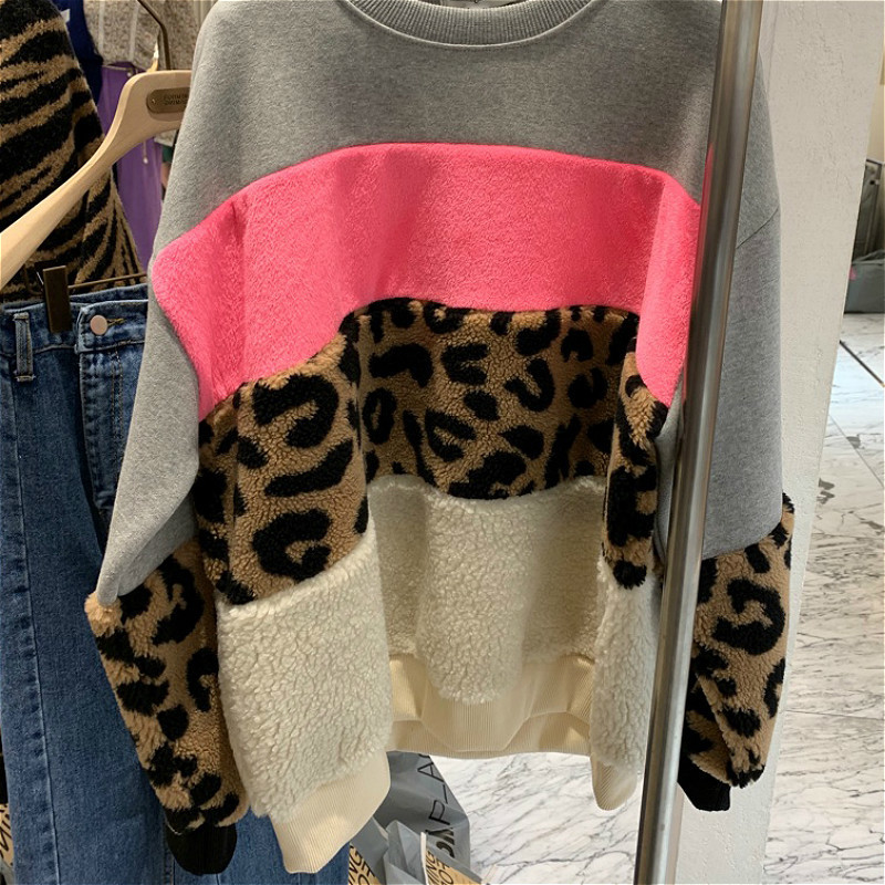 Kimutomo Women Fashion Sweatshirts Chic Korean Spring Autumn Contrast Color Panelled Patchwork Leopard Pullovers 210521