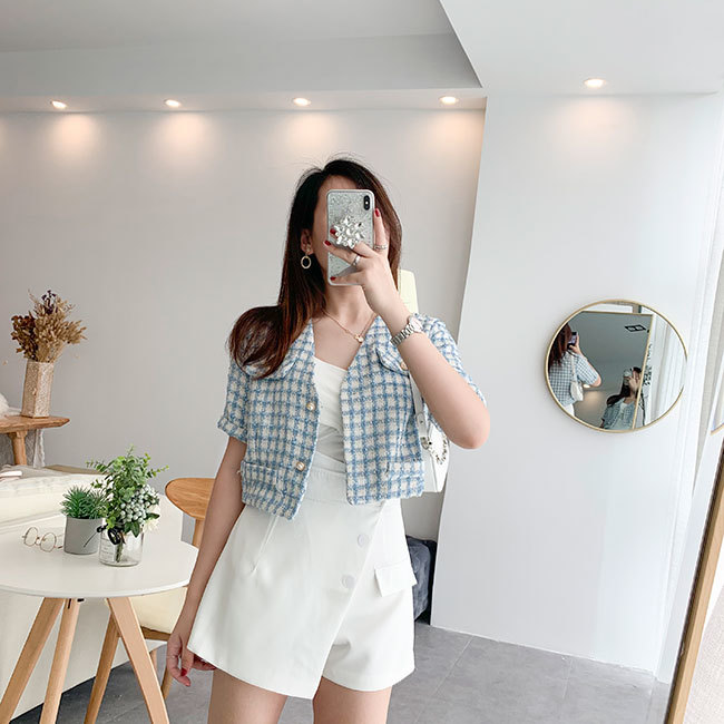 Coats & Jackets Summer Chic Korean V Neck Short Sleeve Plaid Woman Jacket Thin Wild Fashion Elegant Office Lady Sexy Sweet 210429
