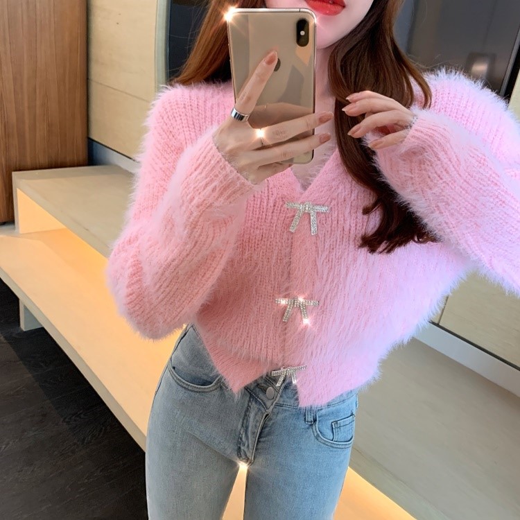 Autumn new womens v-neck rhinestone bow buttons patchwork mohair wool knitted long sleeve short sweater cardigan coat plus size SML