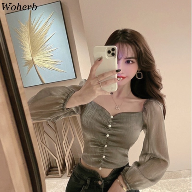 Women Square Collar All-Match Blouse Sexy Crop Tops Elegant Chic Puff Sleeve Feminine Casual Blusas 210519