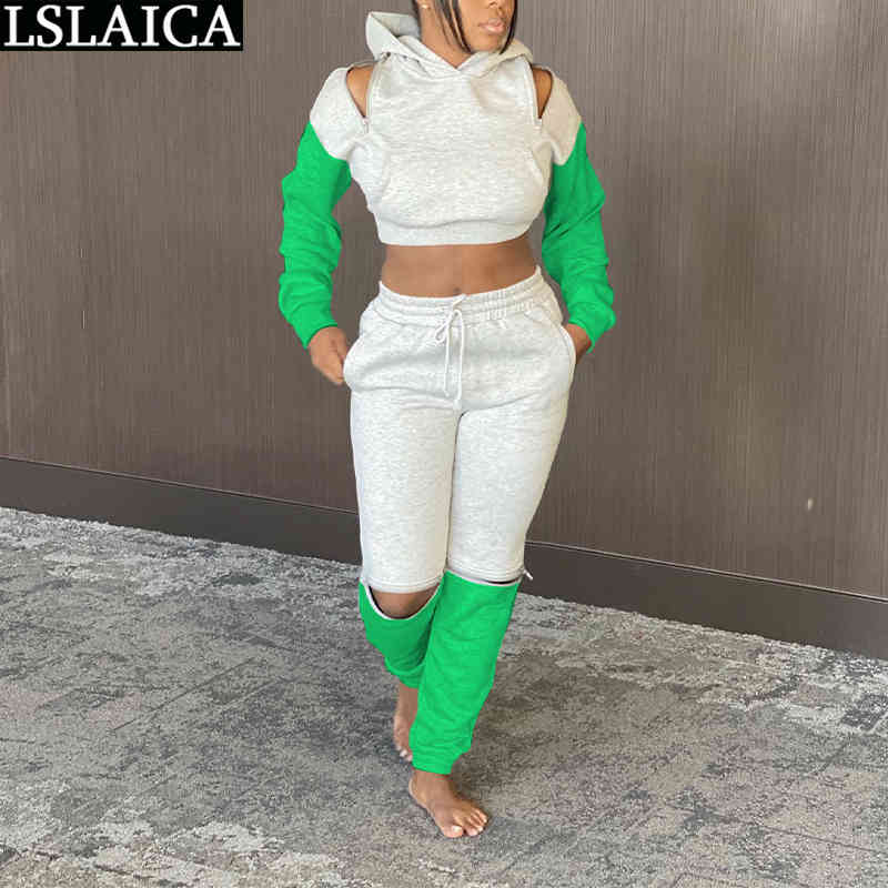 Fall Clothes for Women Two Peice Set Color Matching Hooded Long Sleeve Crop Tops Full Length Pants Sets Casual Tracksuit 210520