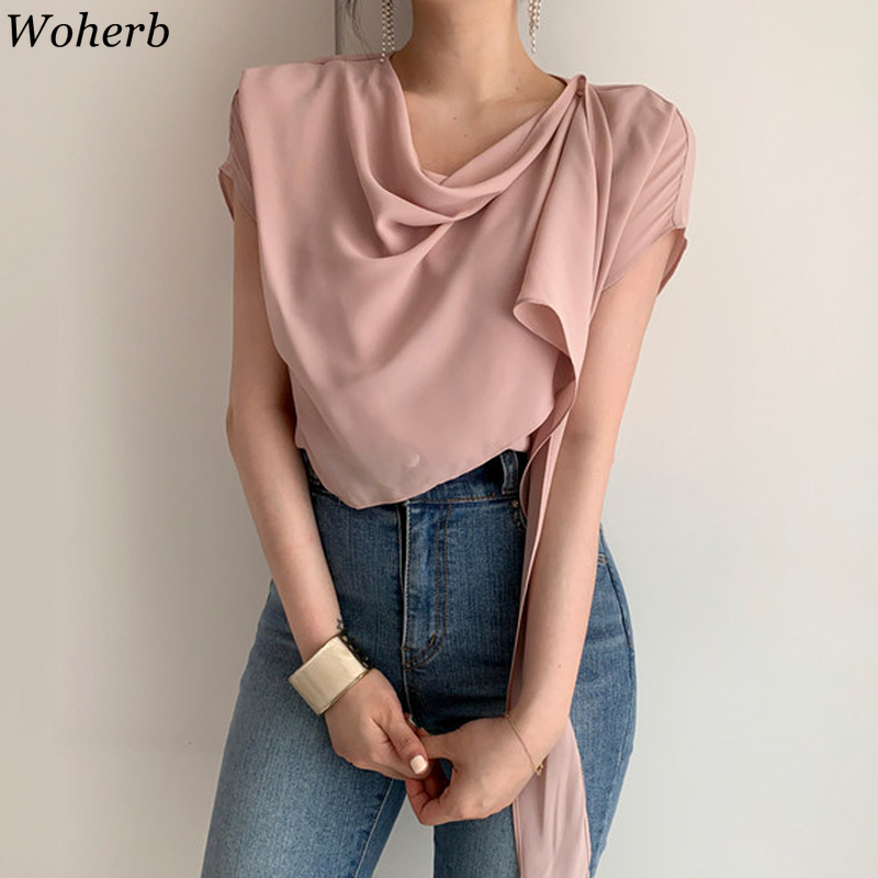 Women Elegant Tops Korean Chic Summer Blouses Temperament Solid Shirts Loose Irregular Blouse Office Lady Blusas Mujer 210519