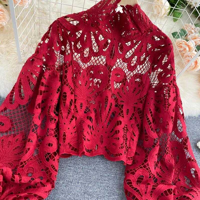 Sexy Lace Hollow Out Short Blouse Casual Lantern Long Sleeve Stand Collar Shirts Female Elegant Red/Pink/White Loose Tops 210721
