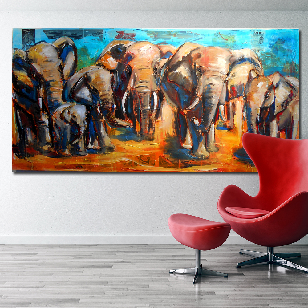 Animal Art African Elephant Family Big Canvas Paintings Wall Art Prints Printing Posters Picture For Living Room Home Decor