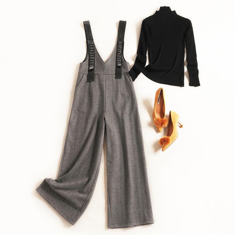 Women Office Lady Elegant Two Piece Set Spring Autumn 2021 Designer Diamonds Beaded Strap Overalls And Black Knitted Sweater Top Women' Pan, Gray black 
Women Office Lady Elegant Two Piece Set Spring Autumn 2021 Designer Diamonds Beaded Strap Overalls And Black Knitted Sweater Top Women' Pan, Gray black