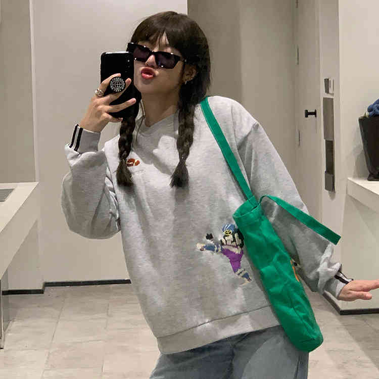 2 colors autumn winter preppy style Women warm Sweatshirts embroidery thick Sweatshirt Womens pullovers ( F4155) 210423