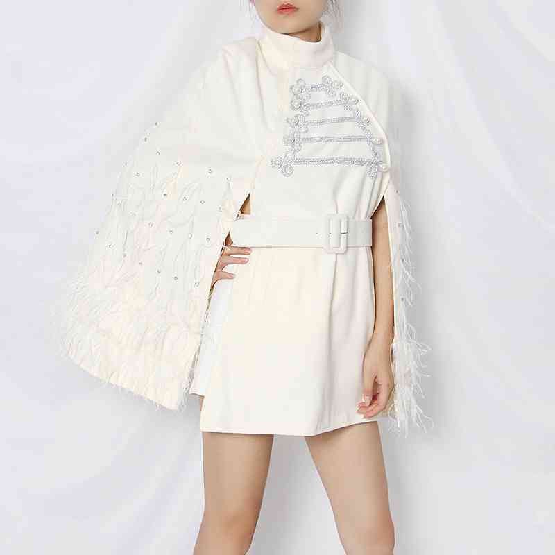 Elegant Patchwork Feather Women Jacket Turtleneck Long Sleeve High Waist Sashes Pearl Casual Coat Female 210524