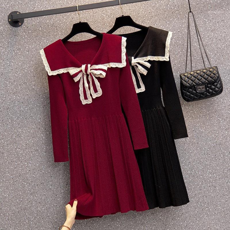 Casual Dresses Autumn Winter Warm Knitted Pullover Long Women Sailor Collar Lace Trim Bow Sleeve Pleated Sweater Dress, Black
Casual Dresses Autumn Winter Warm Knitted Pullover Long Women Sailor Collar Lace Trim Bow Sleeve Pleated Sweater Dress, Black