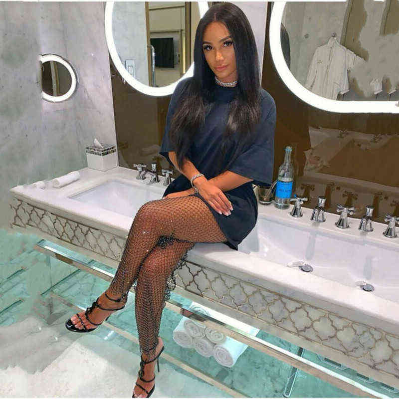 Sexy Tunic Pants Women Diamond Shiny Crystal s Fishnet Long Bottoms Mesh Hollow Out Transparent Club Party Trousers 211115