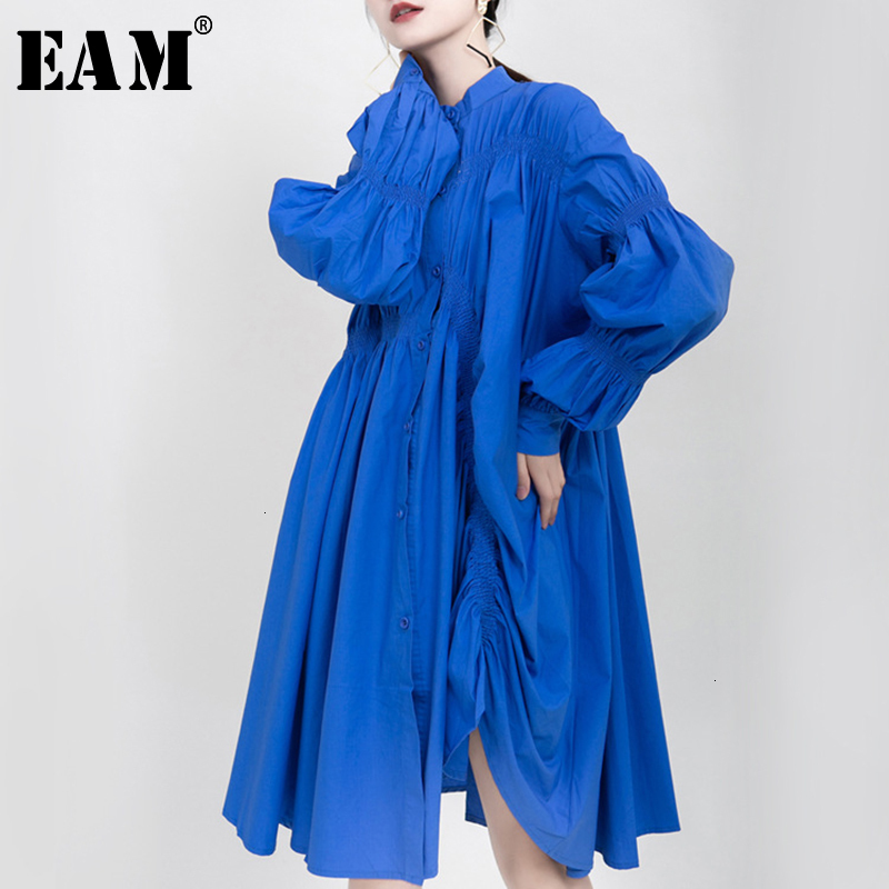 EAM Women Asymmetrical Pleated Big Size Dress New Stand Collar Long Sleeve Loose Fit Fashion Tide Spring Autumn 2021 1K937, Blue
EAM Women Asymmetrical Pleated Big Size Dress New Stand Collar Long Sleeve Loose Fit Fashion Tide Spring Autumn 2021 1K937, Blue