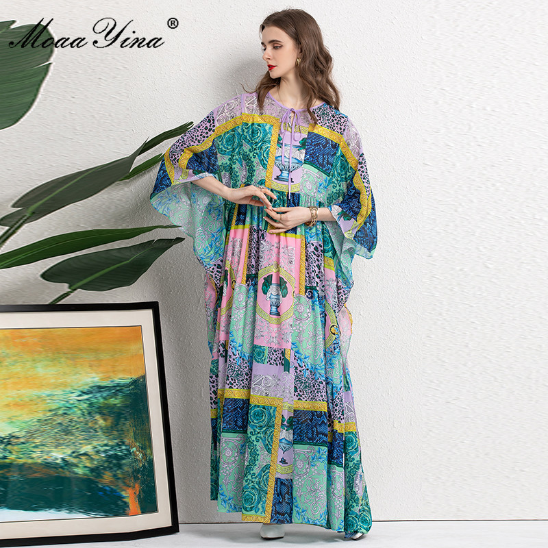 Women's Summer Loose Vacation Dresses 3/4 sleeve Colorblock printing Bohemia Style A-Line Chiffon Maxi Dress 210524