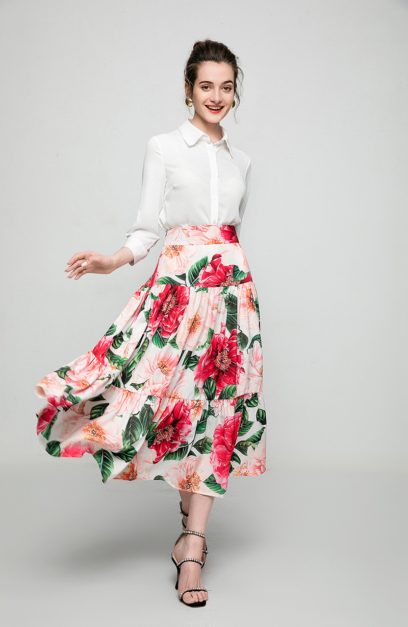 Women's Runway Two Piece Dress Turn Down Collar Long Sleeves White Shirt with Printed Skirt Twinsets