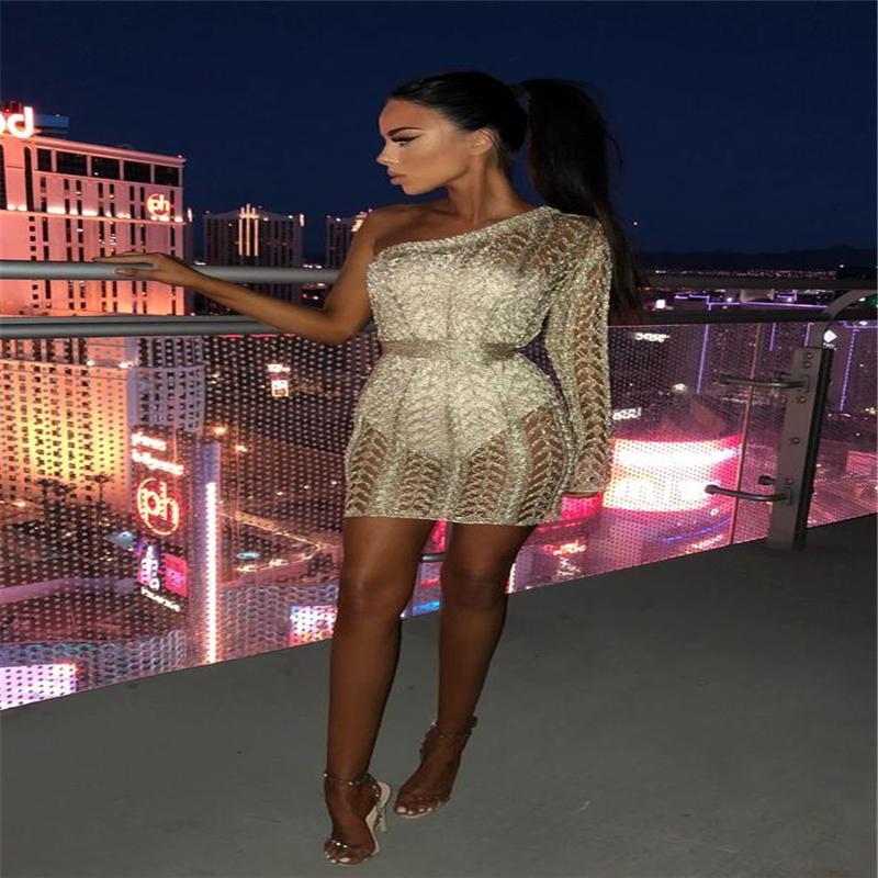 Women Autumn Clothes One Shoulder Single Long Sleeve Sexy Slim Knit Dress Clubwear Casual Outfit Regular Size Pullover Dresses