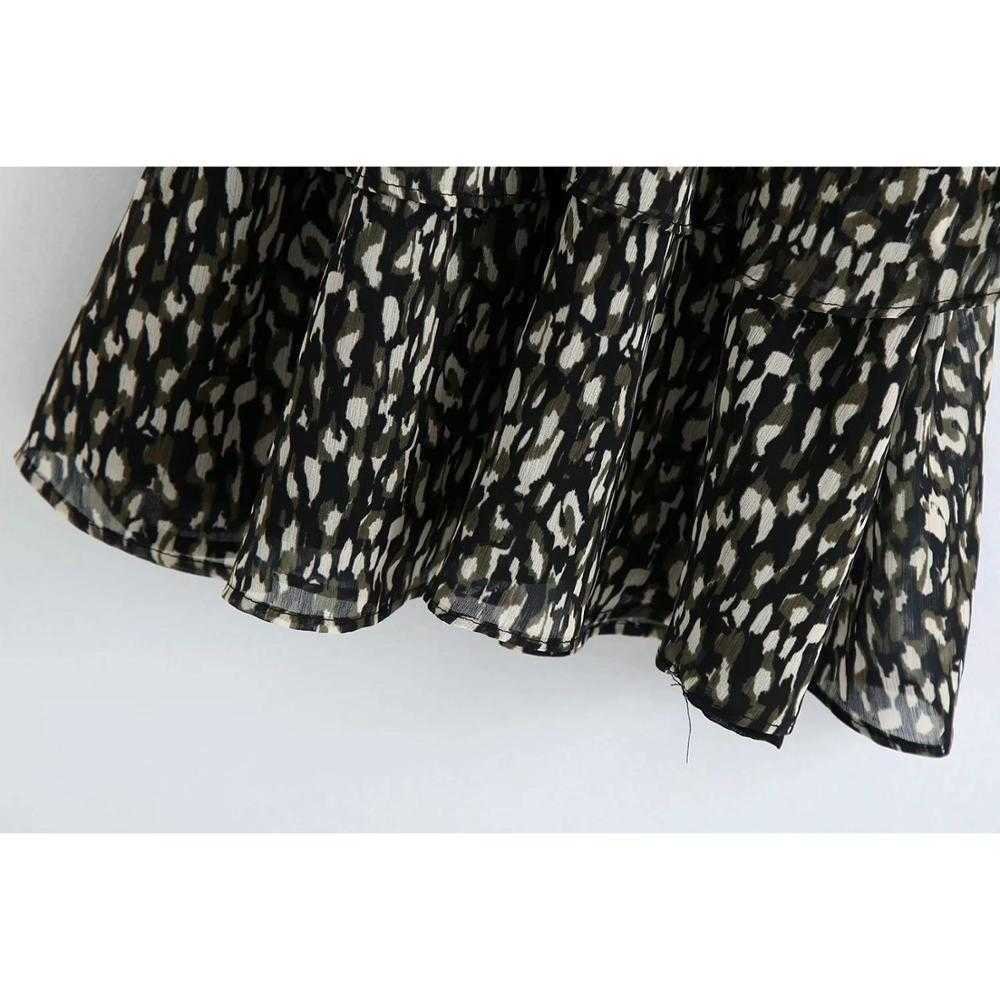 Women Dress Animal Printed V-neck Long Sleeves Smocked Elastic Waist Ruffle trims Mini Dress vestidos femme robe 210709