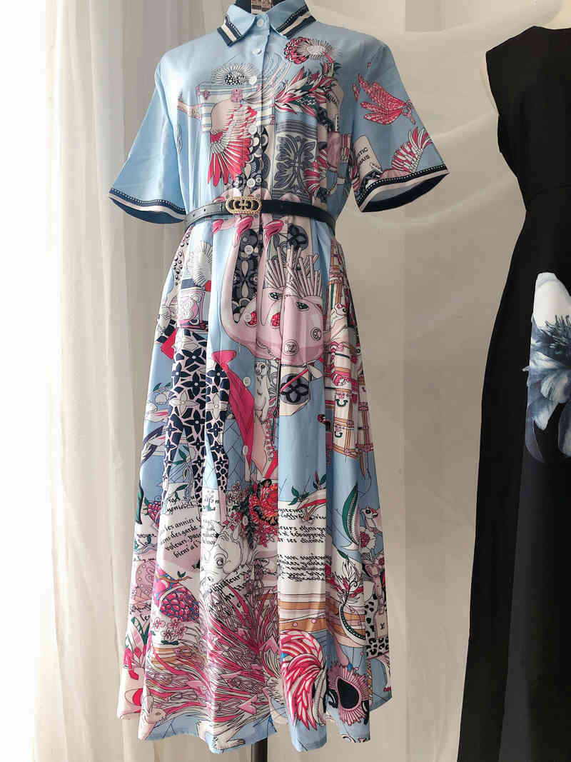 celebrity style holiday blue baroque flower printed short sleeve summer dress for women elegant party night with belt 210421