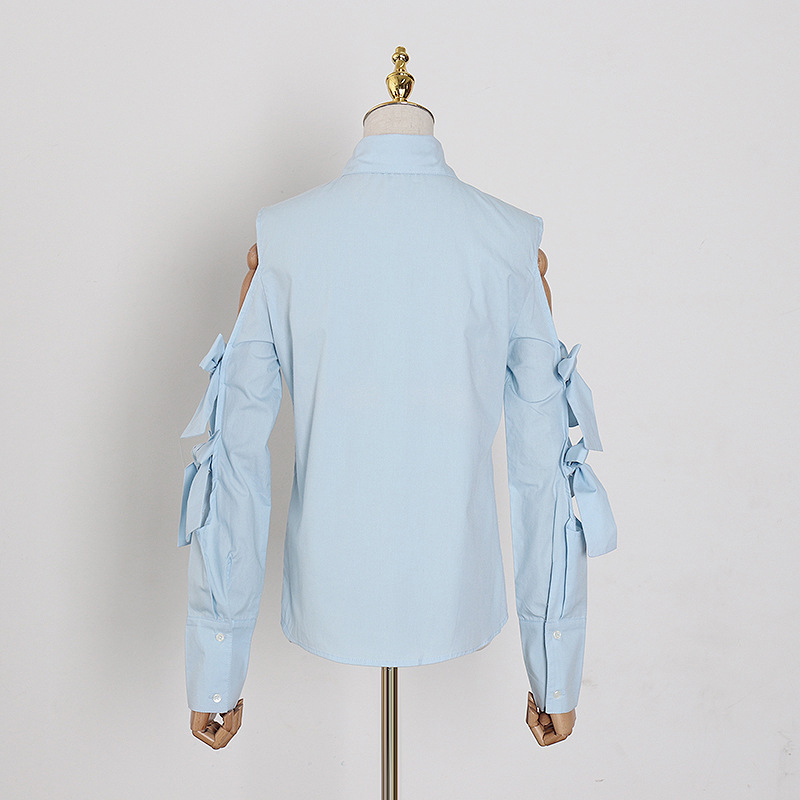 VGH Hollow Out Patchwork Blouse For Women Lapel Long Sleeve Off Shoulder Casual Shirt Female Fashion New Clothing Spring Tide 210421