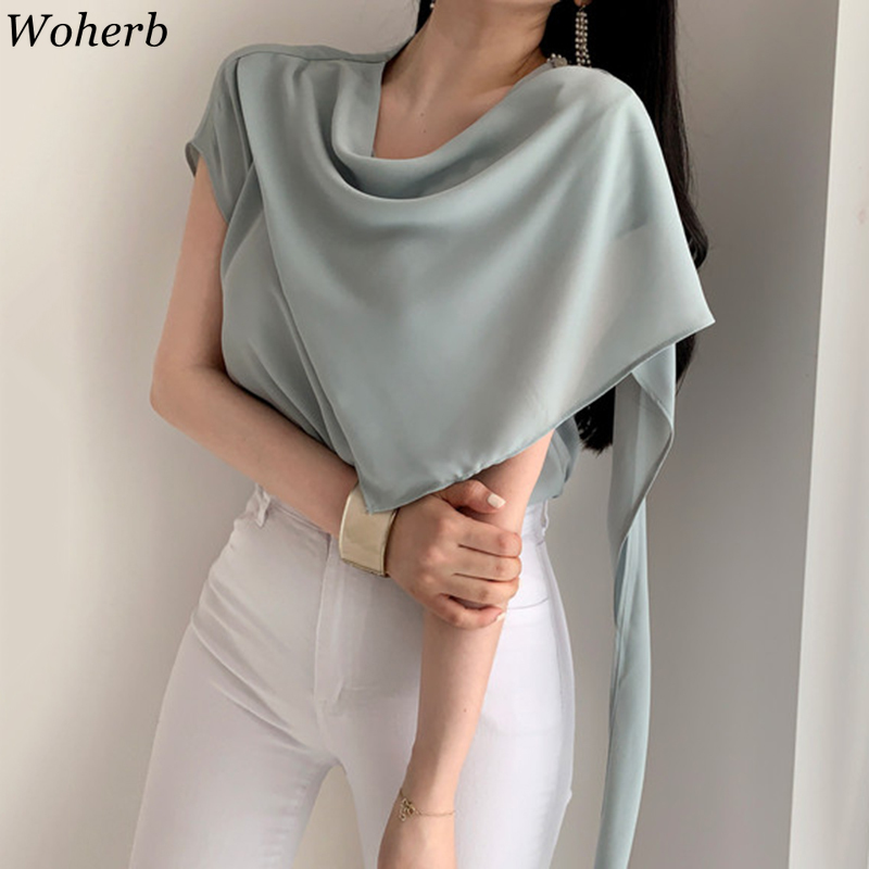 Women Elegant Tops Korean Chic Summer Blouses Temperament Solid Shirts Loose Irregular Blouse Office Lady Blusas Mujer 210519