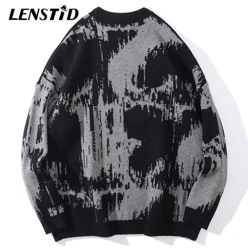 LENSTID Men Hip Hop Knitted Jumper Sweaters Letter Embroidery Print Streetwear Harajuku Autumn Hipster Casual Loose Pullovers 210929