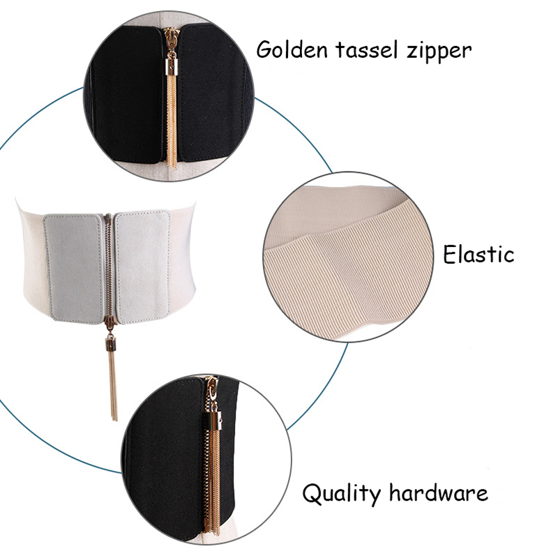 HATCYGGO Women Elastic Cinch Belt Wide Stretch Waist Belt Gold Tassel Zipper Corset Cummerbund Dress Adornment For Women Straps 210407