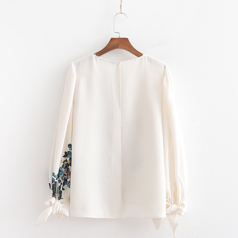 Women Flora Printed Lantern Sleeve Loose Blouse Elegant Chic Shirt Casual Boho O Neck Cuff Knotted Tee Tops 210428