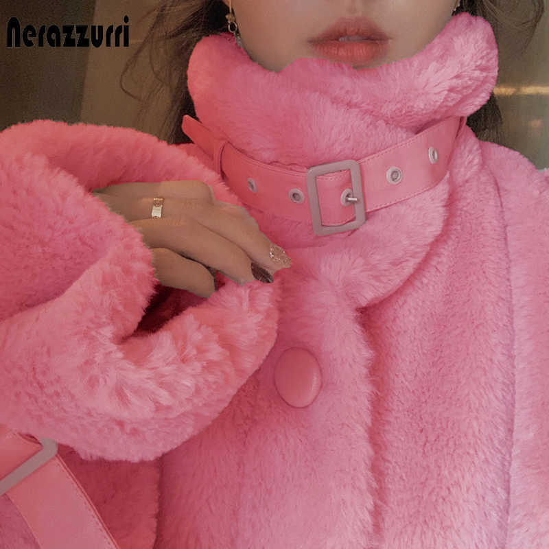 Nerazzurri Kawaii white soft fluffy faux fur jacket women long sleeve zipper pockets Pink coats and jackets fashion 210928