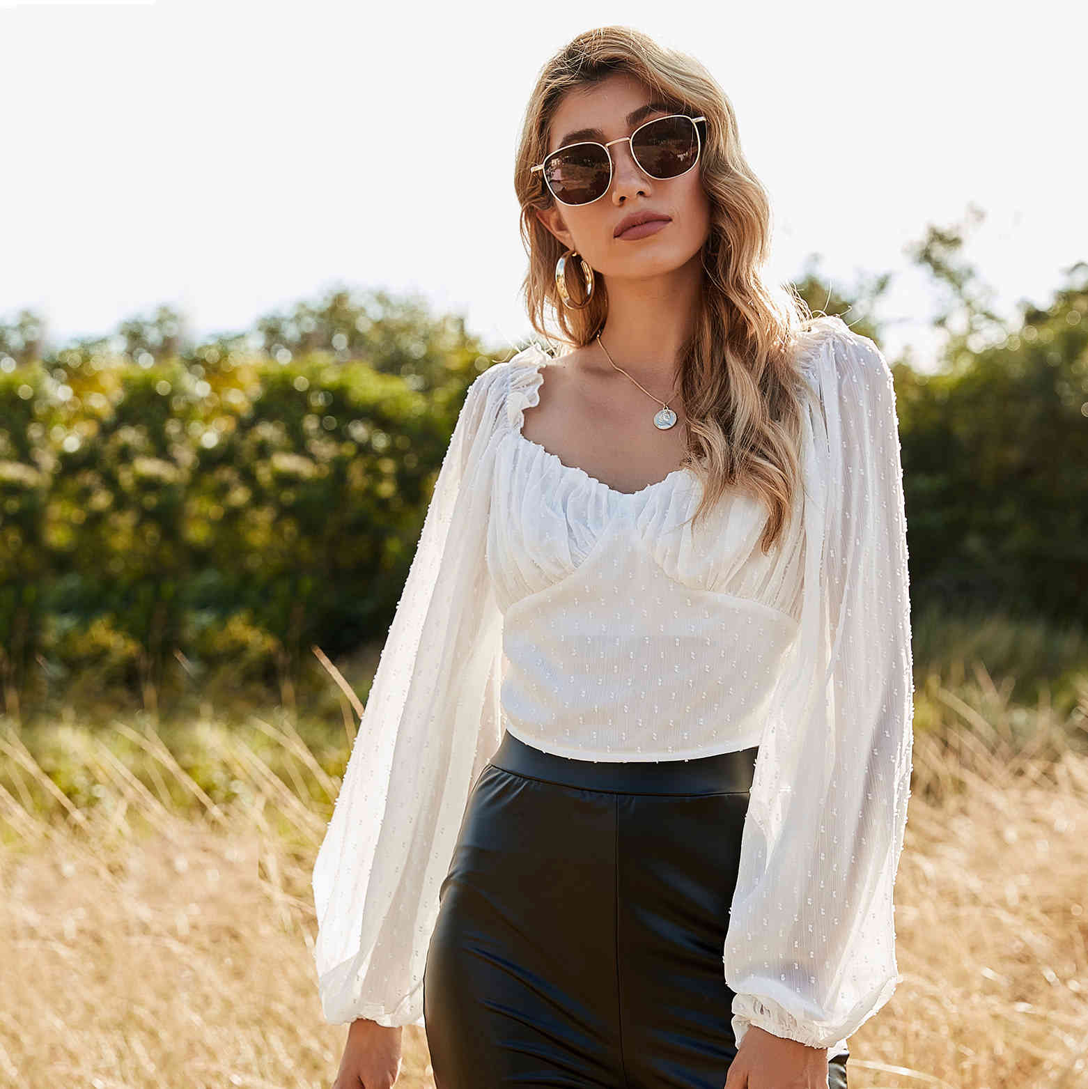 Spring V-Neck Lantern Sleeves Thin Slim White Solid Gauze Casual Pullover Women's Blouse 210524