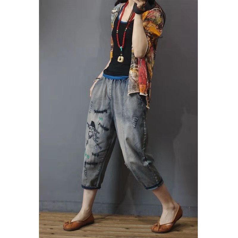 Arrival Summer European Style Women Loose Casual Elastic Waist Harem Pants Vintga Embroidery Cotton Denim Jeans W97 210512