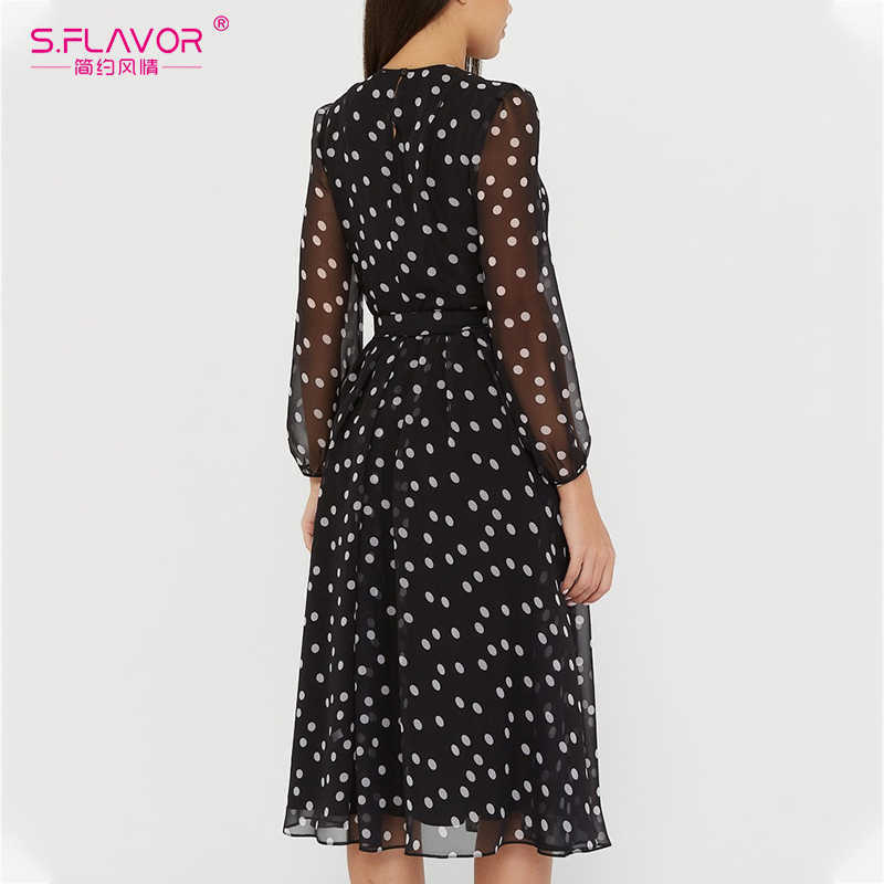 S.FLAVOR Vintage Dot Printing Women Spring Chiffon Dress Autumn Fashion Casual Dress Boho Beach Women A-line Vestidos 210630