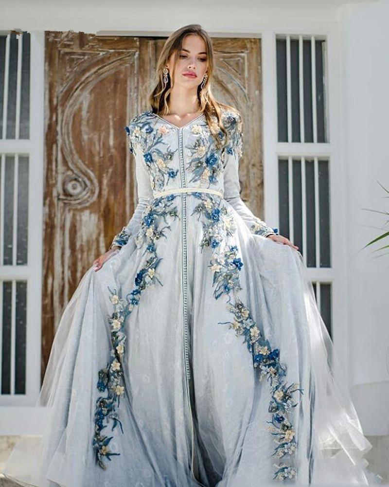 Elegant Kaftan Sky Blue A Line Formal Evening Dresses 3D Floral Lace Appliques Arabic Dubai Moroccan Muslim Long Sleeves Celebrity Party Gowns Prom Dr