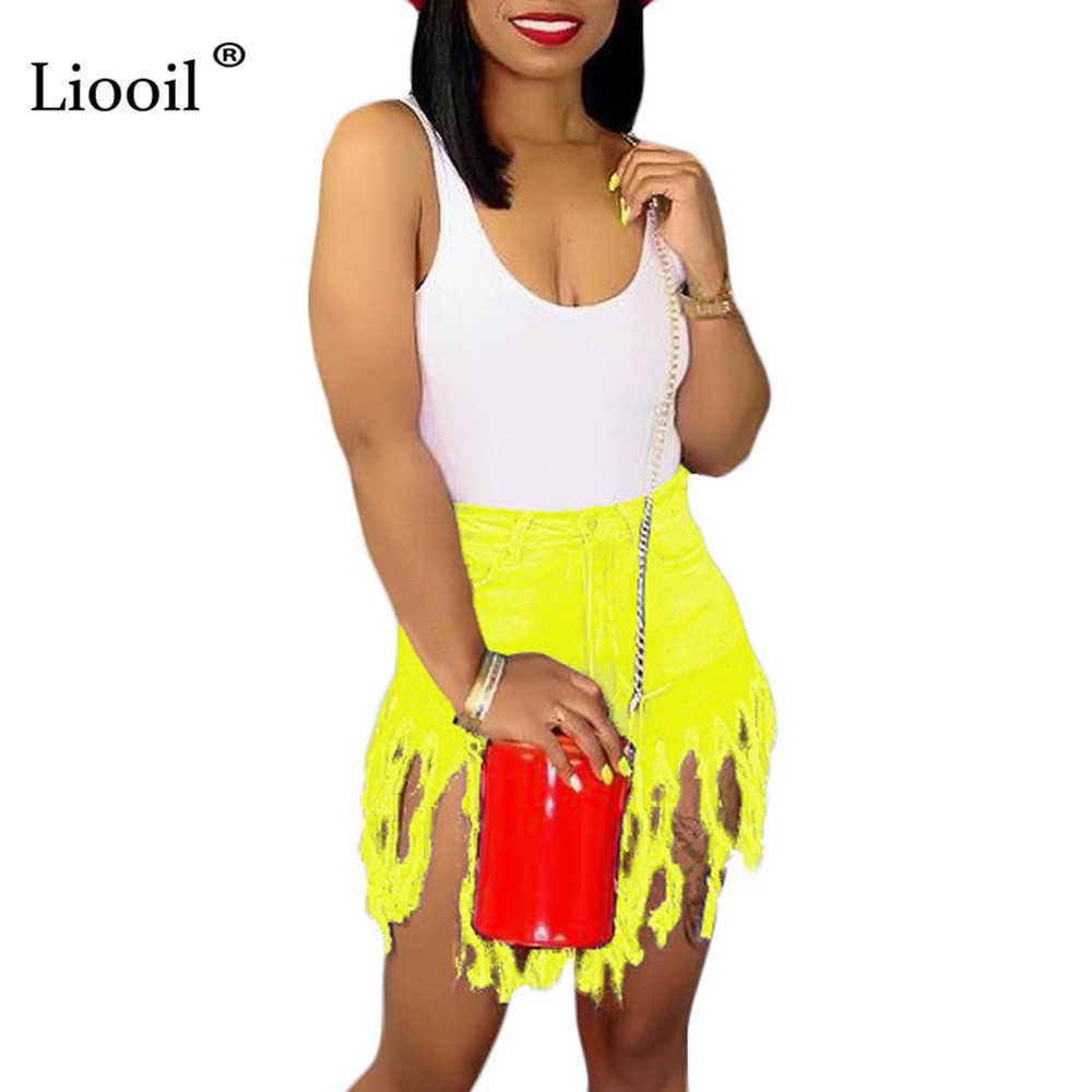 Liooil Neon Tassel Jeans Shorts Women Summer Elastic High Waist Cotton Jean Short Plus Size Sexy Denim Shorts Sexy Club 210611
