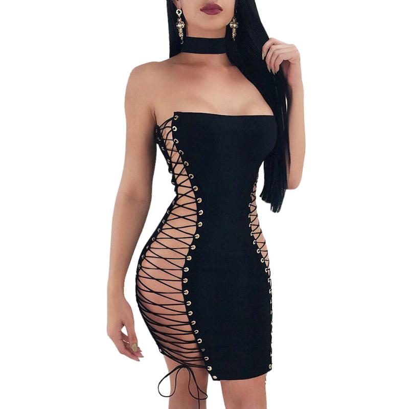 Ls6088 Sexy Double Side Lace Up Dress Two Piece