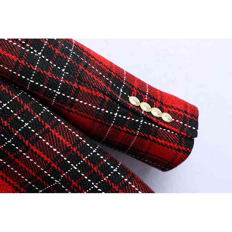 Tweed Women Red Plaid Blazer Jackets Spring-Autumn Fashion Ladies Elegant Notched Collar Coats Vintage Female Chic 210527