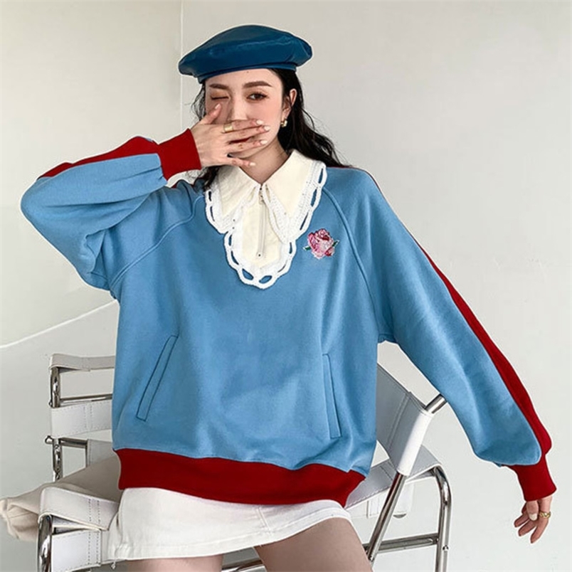 Sweet Contrast Color Tops Women's Spring Turn-down Collor Lace Loose Long Sleeve Sweatshirt Female 8Y598 210427