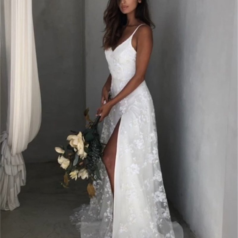 Women Dress V-neck Sleeveless Sling es Split Lace es Plus Size White Bohemian Summer Clothes 210513