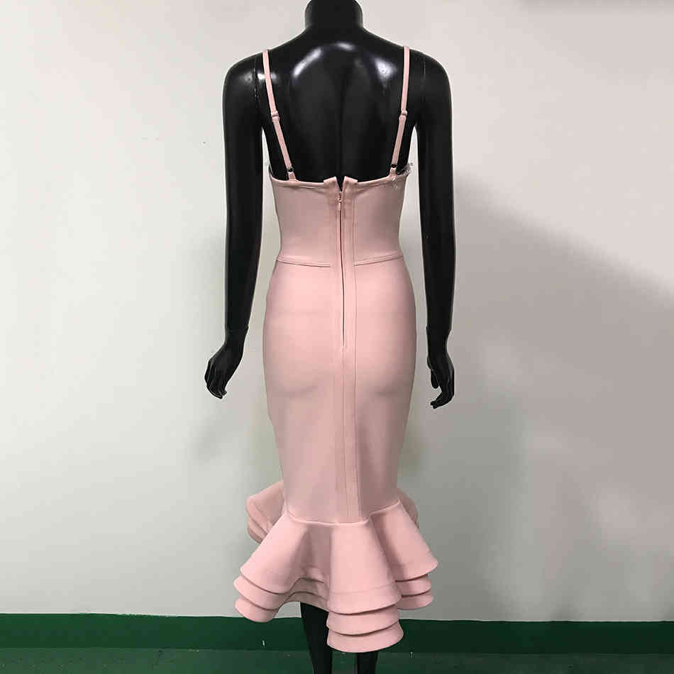 High Quality Pink White Black V-Neck Sleeveless Non-Slip Ruffled Rayon Bandage Dress Elegant Sexy Party 210525
