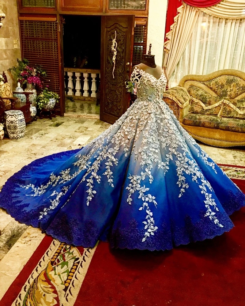 Luxury Gradient Color Quinceanera Dresses Scoop Neck Lace Applique Beaded Sweet 16 Prom Dress Puffy Skirt vestidos de 15 años