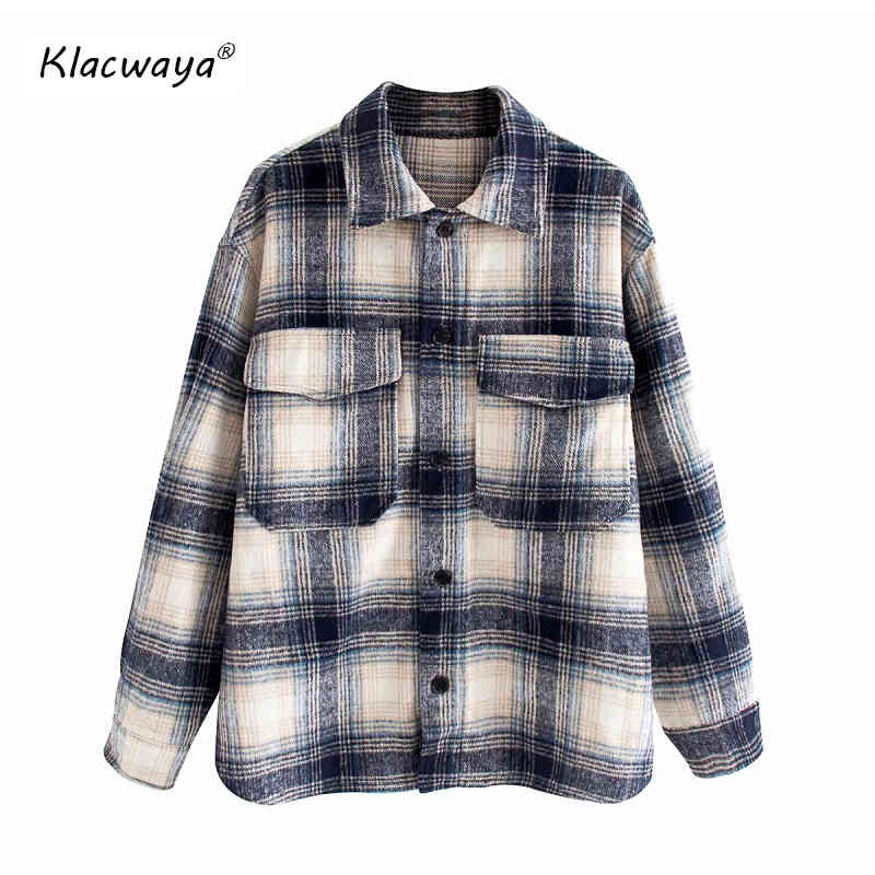 Vintage women long sleeve woolen coats fashion ladies thick plaid coat female streetwear elegant girls oversize jacket chic 210521