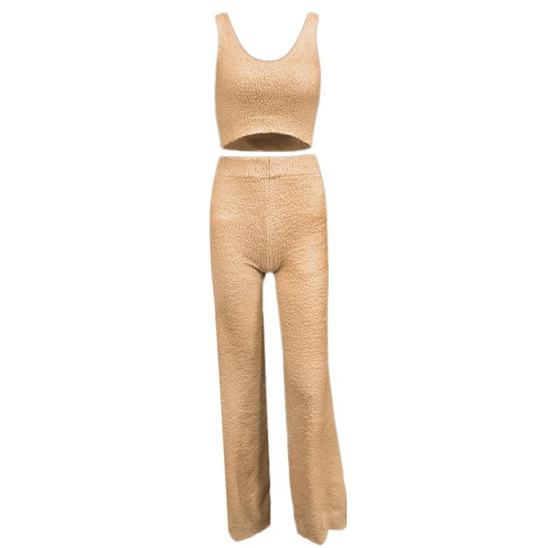 Women Sexy 2 Piece Fuzzy Plush Outfits V-Neck Backless Crop Top Long Pants Winter Sweater Solid Color Pajamas Loungewear Women's Tracksuits