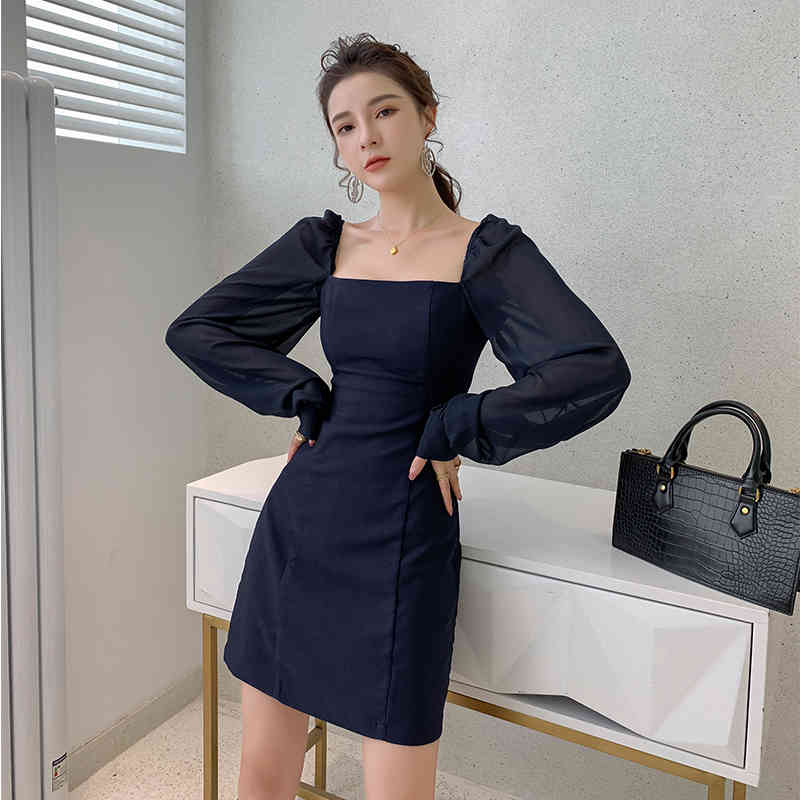 Summer Dress Dark Blue Long Sleeve Slim Commute Mini Sexy Hip Woman Square Collar Vestido 13274 210427